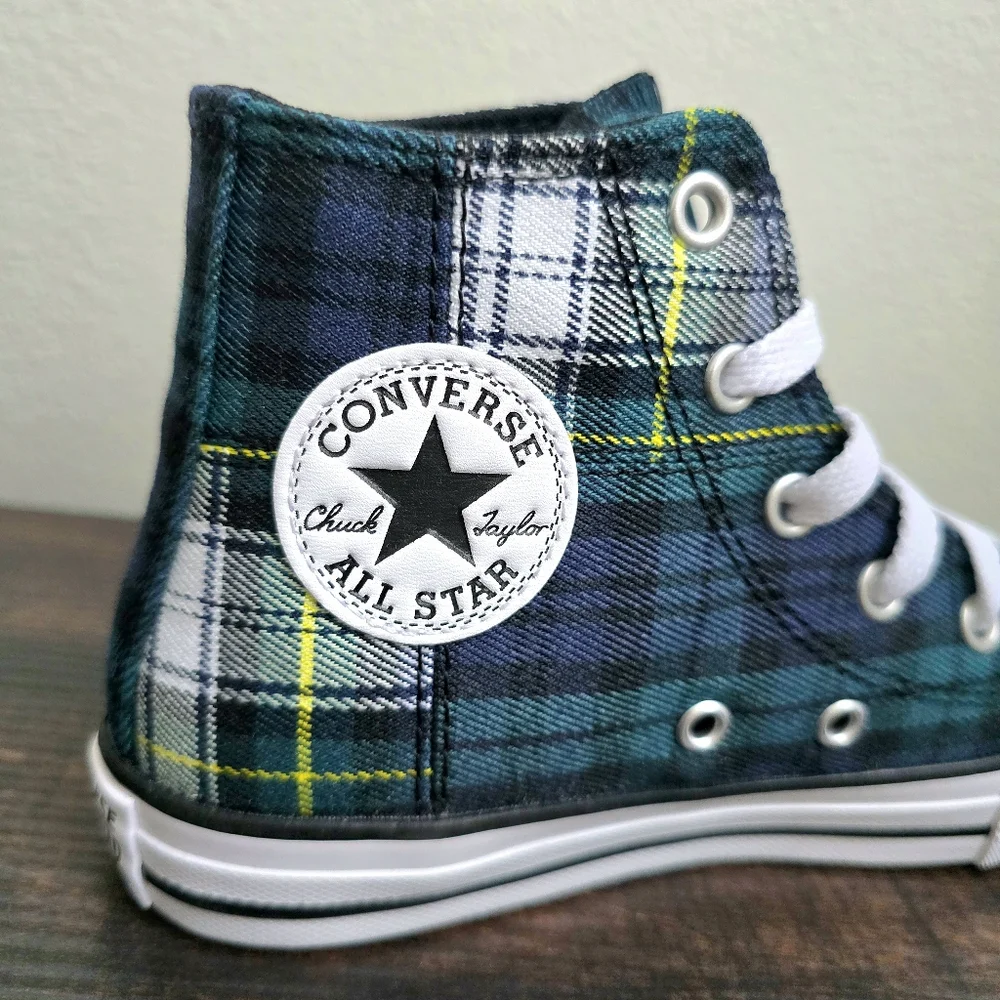 Converse Kids Chuck Taylor Plaid Luxe High Top Sneakers Green Blue Size 1 Youth‎